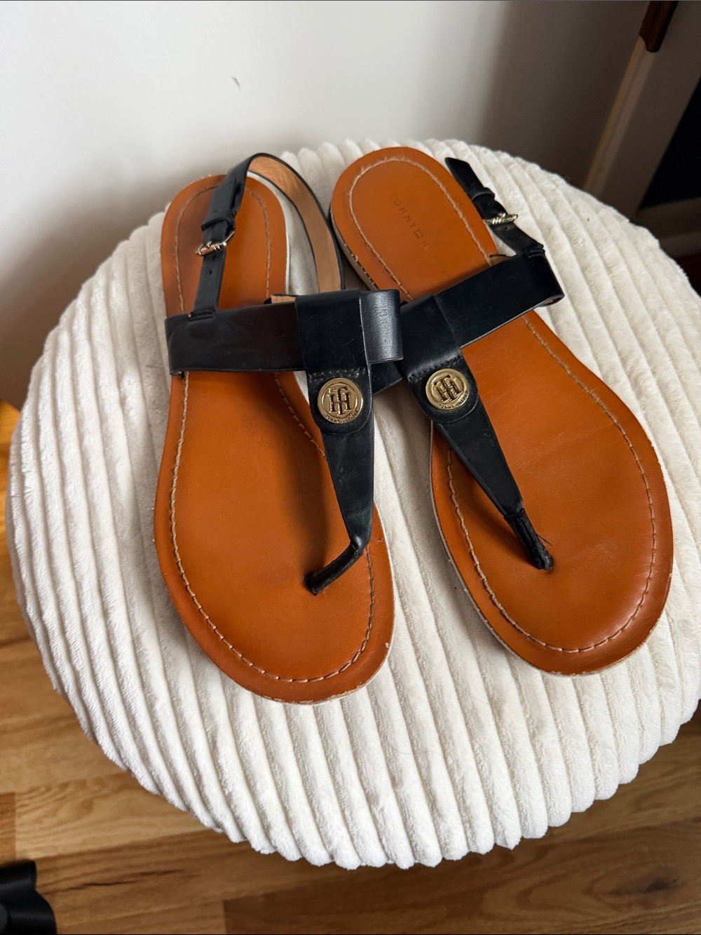 Tommy Hilfiger Black Leather T-Strap Sandals with Tan Footbed